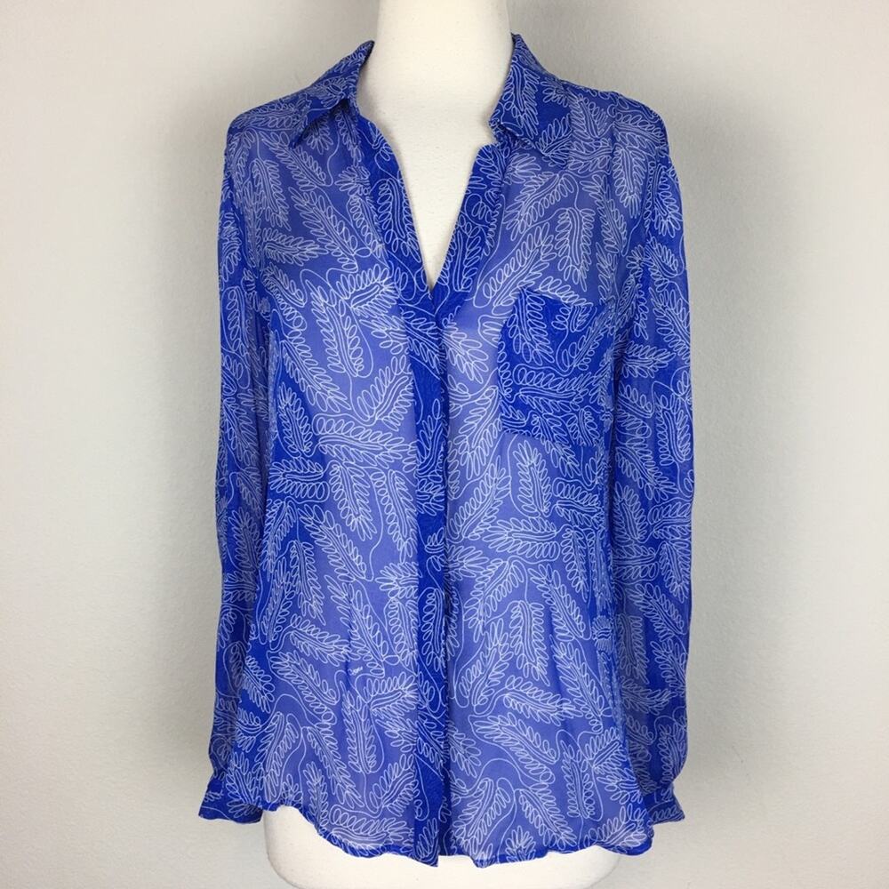 Diane Von Furstenberg Blue Leaf Print Silk Sheer Top 2 - Picture 2 of 10